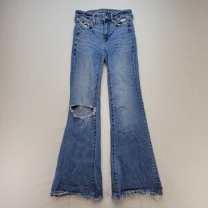 American Eagle Jeans Womens 000 Short Flare High Rise Distressed Stretch Denim